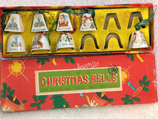 Excellent Vintage 8 pc Commodore Japan Ceramic Christmas Figurine Bell Ornaments