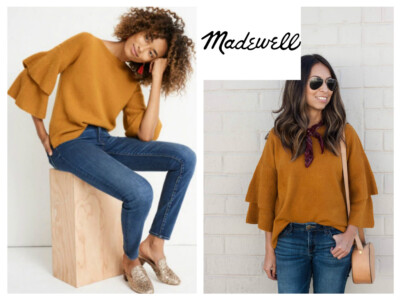 Madewell Mustard 3/4 Tier-Sleeve Boat Neck Pullover Sweater