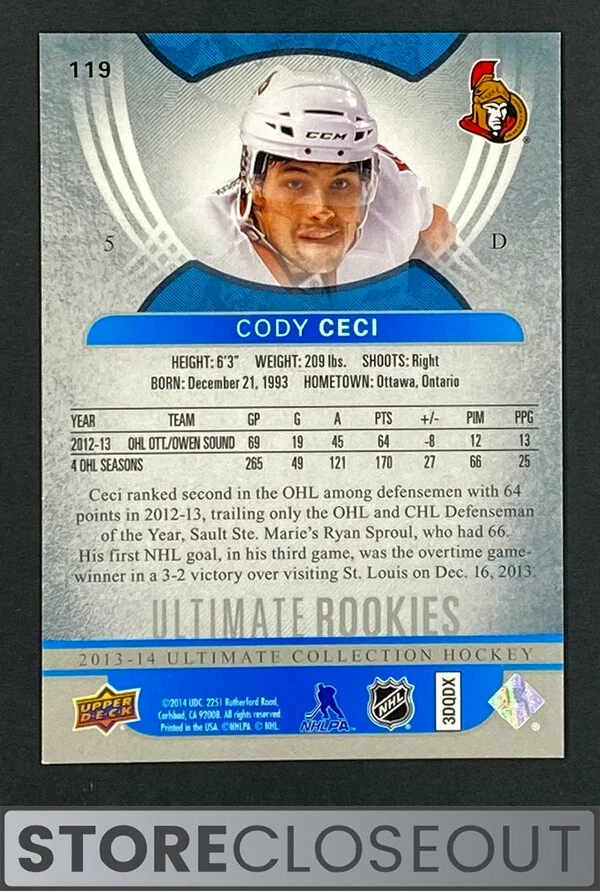 2013-14 Ultimate Collection #119 Cody Ceci Rookie /499 Ottawa Senators - Image 2 of 2