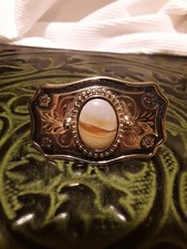 Vintage Western Belt Buckle Ladies Gold Tone With Picture Jasper.