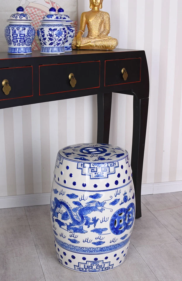 China Gartenhocker Keramik Hocker Drache Chinoiserie Sitzhocker Blau Feng Shui - Bild 2 von 4