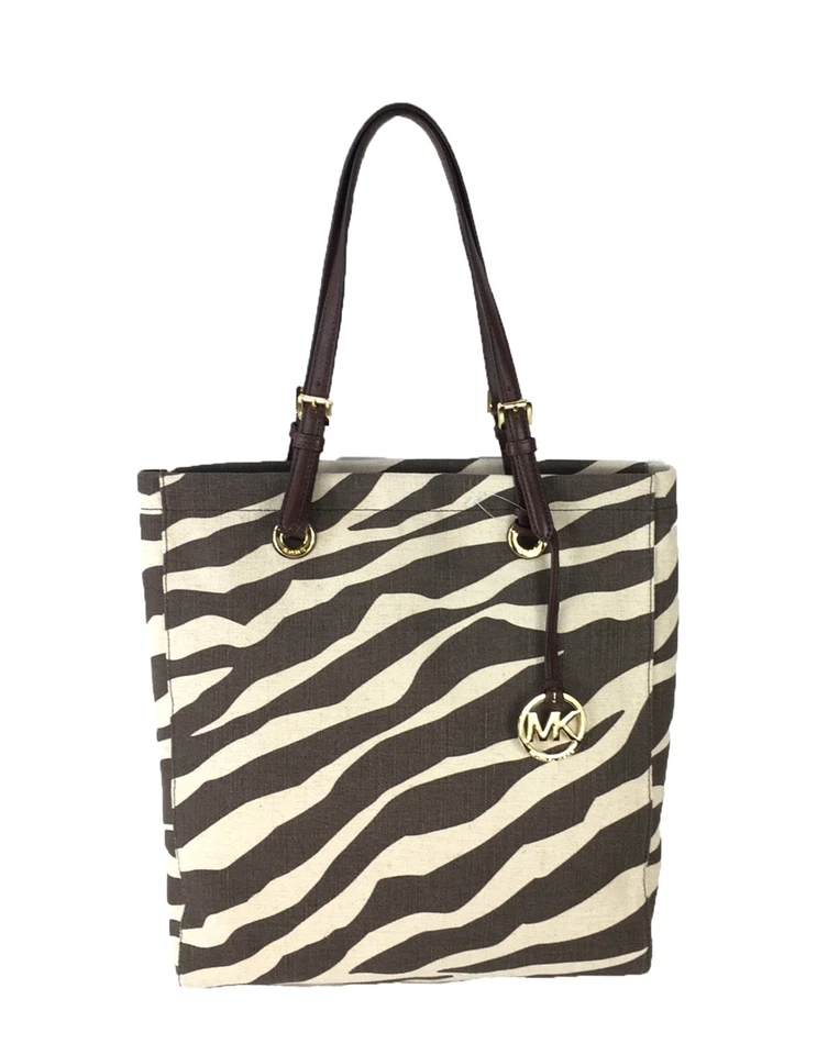 MICHAEL KORS Jet Set Zebra Print Canvas North South Tote Bag Brown/Tan NEW