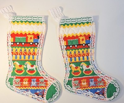 Vintage Christmas Stocking Lace Fabric Handmade Nutcracker Train Bears Lot of 2