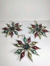 Vintage Set of 3 Christmas Snowflake 9.5 Inch Blown Glass Mercury Bead Ornaments