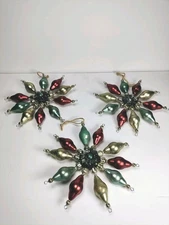 Vintage Set of 3 Christmas Snowflake 9.5 Inch Blown Glass Mercury Bead Ornaments