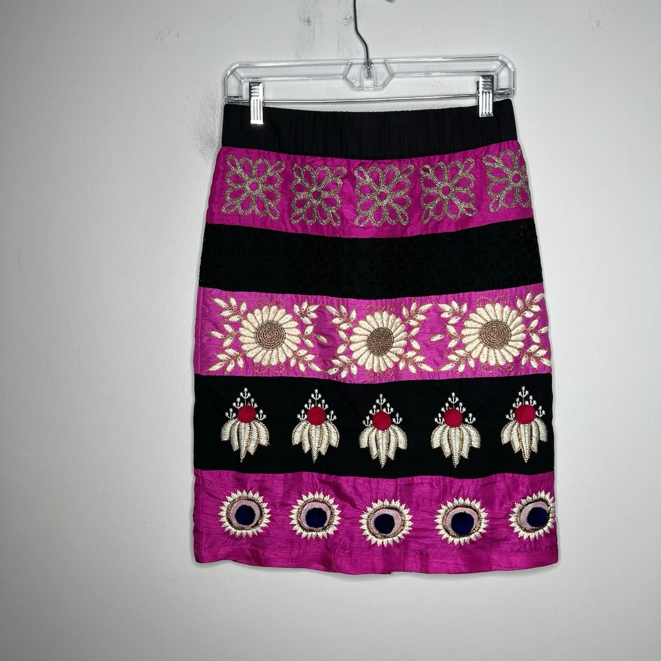 Leifsdottir Womens Size 6 Skirt Embroidered Pink Black Boho Festival Silk Blend - Image 2 of 4