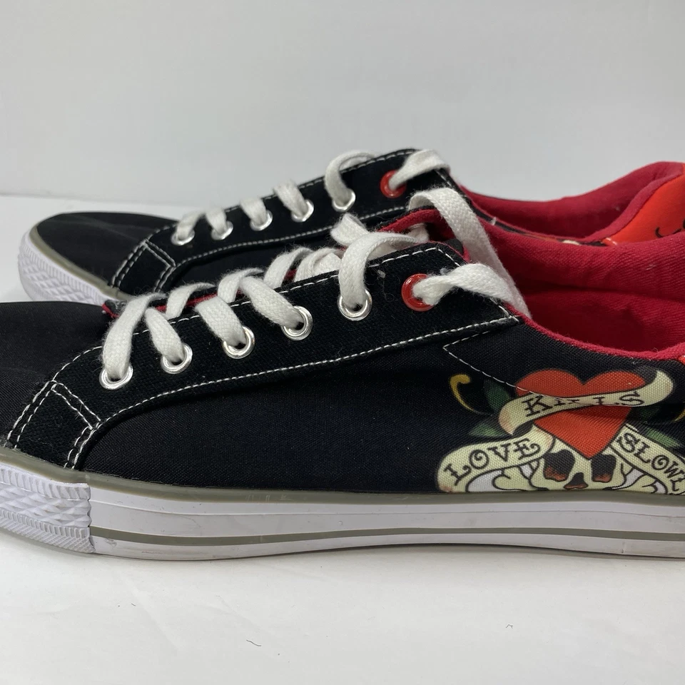 Ed Hardy 鞋 男式 9 黑色帆布低帮 Love Kills 慢慢心形头骨 — 第 4/4 张图片