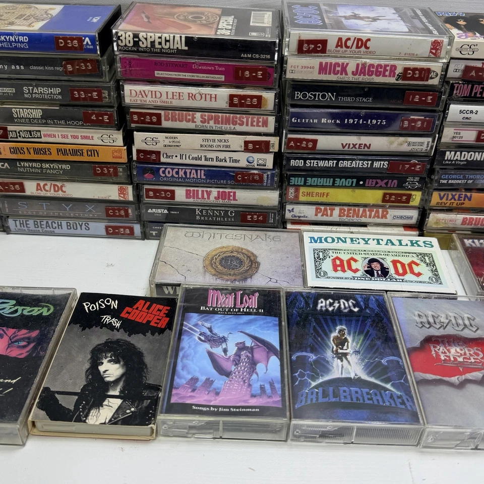 Lot of 94 Rock & Roll Cassette Tapes 70s 80s AC/DC KISS Poison Skynard STYX Etc - Image 3 of 4