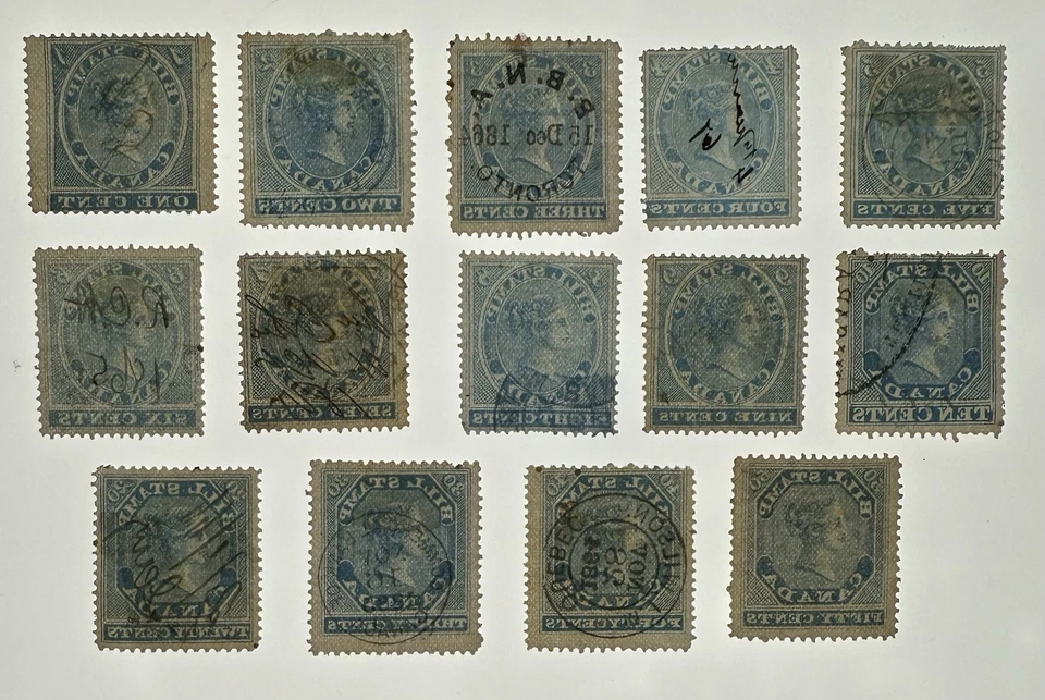 Canada 1864 Bill Stamps #FB1-14 1c-50c values, Used/sound; various blue shades - Image 3 of 3