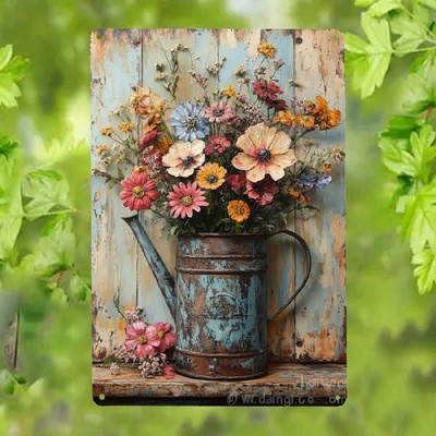 Blechschild Gießkanne Kanne mit Blumen Garten Vintage Metallschild TEL2614