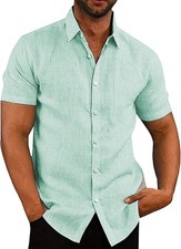 Men's Button Down Dress Shirt Short Sleeve Light Green Casual Linen COOFANDY