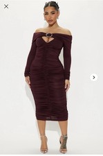 Midi Dress Burgundy Size Large Gold Pendant Long Sleeve Stretch