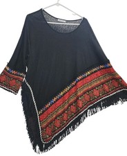 Adore Black Poncho Top Colorful Floral Embroi...