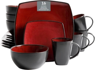 Gibson Soho Lounge Square Reactive Glaze Dinnerware Set,RedService for 4 (16pcs)