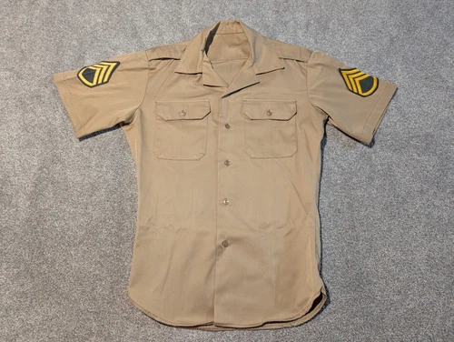 Vintage US Army Shirt Mens Medium Tan 60s 70s Cotton Uniform Military Vietnam