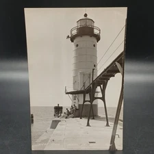 Manistee North Pier Lighthouse Catwalk MI Rare Vintage RPPC Real Photo Postcard