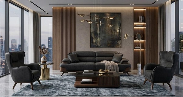 Polstergarnitur 3 Sitzer Sofa Leder Schwarz Kissen Sessel Elegant Neu-image