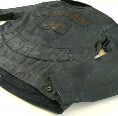 G Star Indigo Waxed Coated Oilcloth Studded Embellished Trucker Denim Jacket 