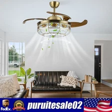 36" Tiffany LED Chandelier Invisible Ceiling Fan Light Ceiling Lamp w/ Remote