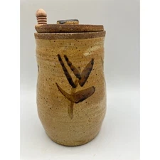 Handmade Studio Pottery Stoneware Honey Pot with Lid and Wood Dipper 5.5"H