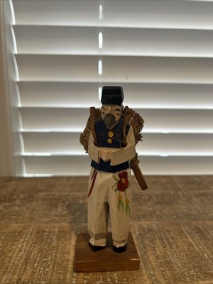 Vintage Hand Carved Asian Farmer Figurine with Backpack
