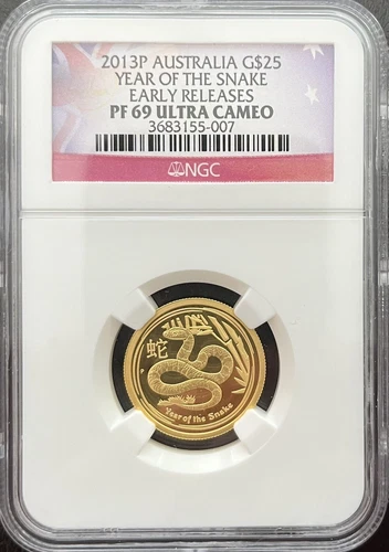 2013 P Australia $25 Lunar Snake 1/4 Oz Gold Proof Coin NGC PF69 Ultra Cameo