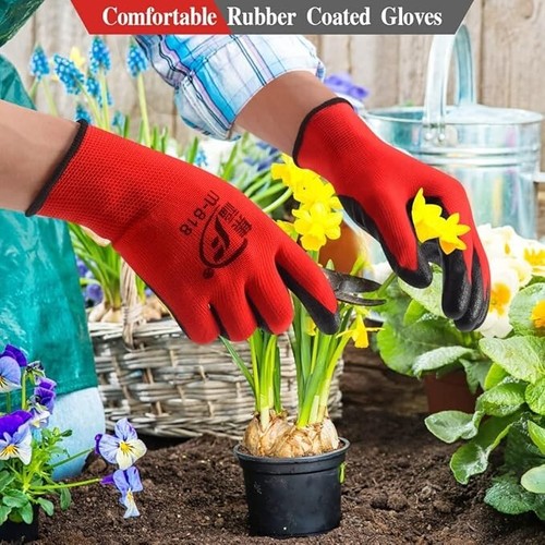 24 Pairs NITRILE COATED Red Black Nylon Worker Gloves Builders Gardening Grip - Picture 4 of 7