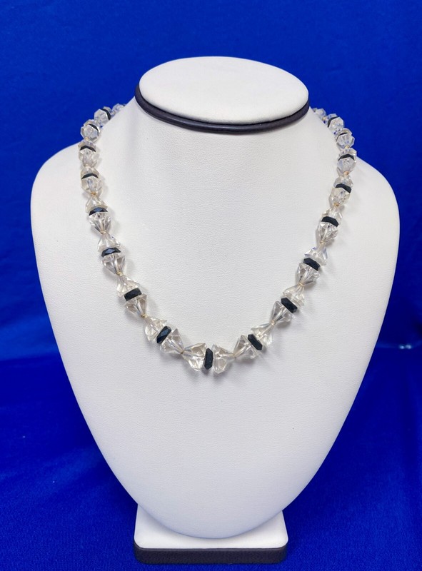 Vintage White Gold Filled Cut Crystal Black Jet Bead Necklace 17"