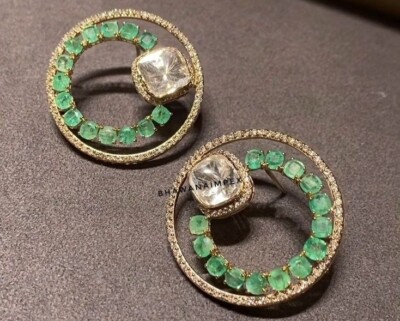 Natural Polki Diamond & Emerald Wedding Earrings Jewelry Sterling Silver Jewelry