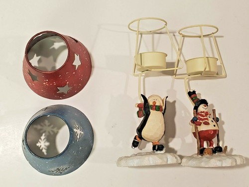 Pair of Tealight Candle Holder Lamps Penguin & Snowman Winter Christmas Holiday - Picture 6 of 10