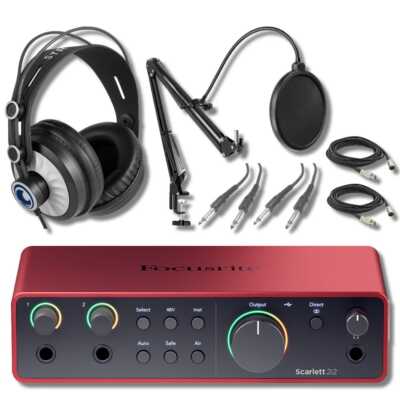 Focusrite Scarlett 2i2 4G Bundle: Cans50 Headphones, Boom Arm, Cables & Filter