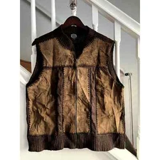 Vintage Brown Suede & Knit Sleeveless Zip Front Vest Unisex Size Large