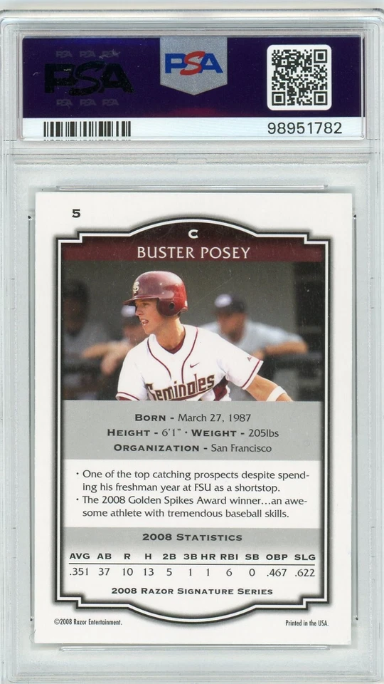 Buster Posey Signed 2008 Razor Signature Series #5 PSA DNA RC Rookie Early Auto - Image 2 of 2