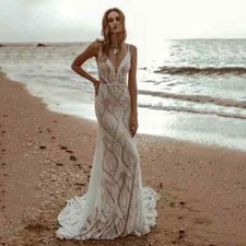 Boho Mermaid Wedding Dresses Strapless Backless Lace Applique Beach Bridal Gowns