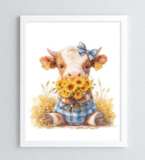 Cow Art Print, Highland Cow With Blue Bow Art Print, Farmhouse Wall Art Decor