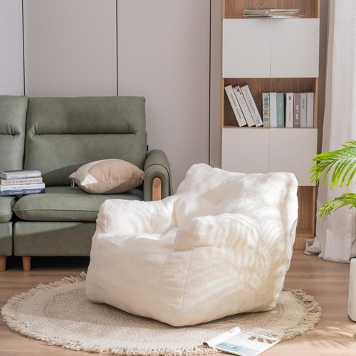 White Soft Tufted Bean Bag Reading Relaxing Sofa Leisure Chair w/ Teddy Fabric - Picture 2 of 9