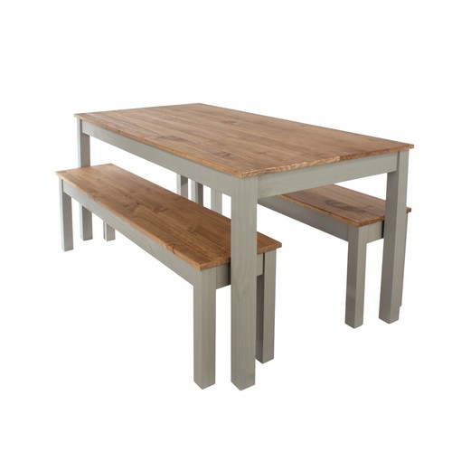 Premium Corona Grey Solid Pine Linea Large Dining Table & 2 Dining Bench Set - Picture 3 of 7