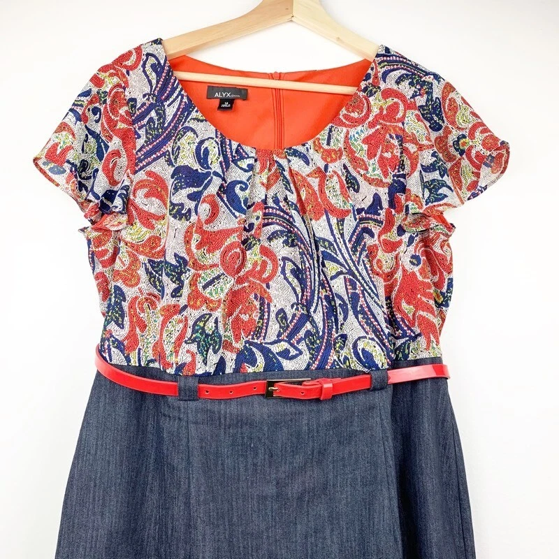 Abito tubino donna Alyx blu floreale con cintura scollo a scoop manica corta zip 14