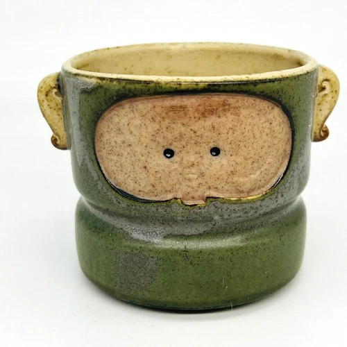 Adorable Vintage Art Pottery Green Glazed Cup with Face and Ears - 3"