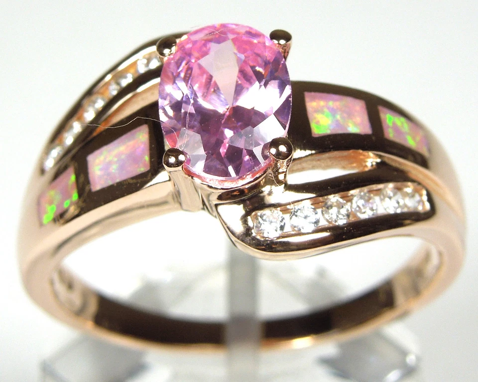 Anel de prata esterlina 925 folheado a ouro rosa topázio rosa e opala de fogo tamanho 6,7,8,9 - Imagem 2 de 3