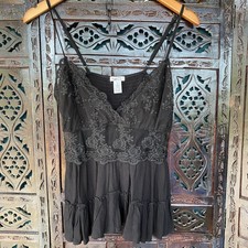 Y2K Black Lace Babydoll Cami Top Womens M Embroidered Boho Whimsigoth Dark Fairy