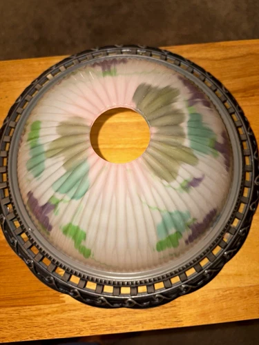 Vintage Reverse Painted Glass Lamp Shade Replacement, Frosted Ribbed Dome 