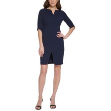 CALVIN KLEIN Womens Navy Unlined Darted Elbow Sleeve Sheath Dress size 8P