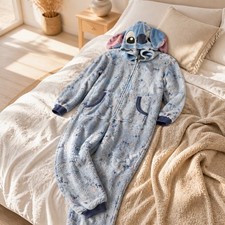 Disney Stitch Plush Cozy Fleece Hooded One Piece Pajamas Adult Small Zip Up 3027