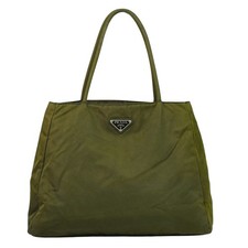 PRADA Nylon Tote Handbag Kahki Silver