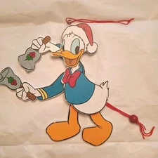 Disney Inc Wooden Donald Duck Handcrafted Pull String Moveable Ornament Vintage 