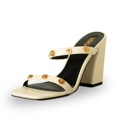 Versace Women's Beige Gold Medusa 100% Leather Sandals Mules Shoes US 7 IT 37