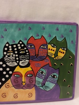 Laurel Burch Design Studio Vintage Ceramic Trivet Tile 5 Happy Cats 1998 EUC