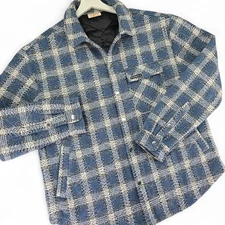 YOUNGLA Men's Blue Plaid Flannel Quilted Lined Shirt Jacket Snap Closure Size L