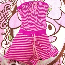 Pink Striped Gyaru Roomwear, Cherry Design, Adjustable Ribbon